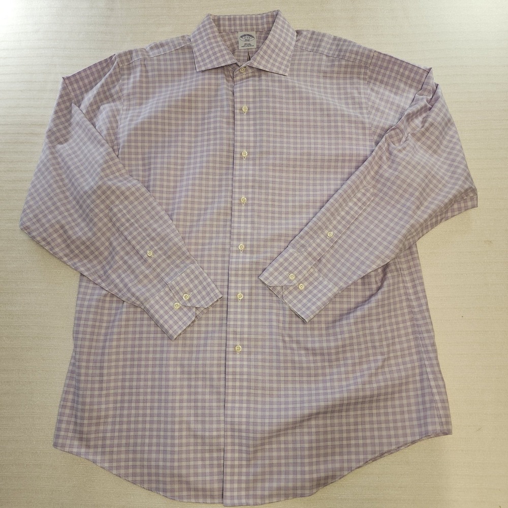 Brooks Brothers 346‎ Mens Purple Gingham Non-Iron Slim Fit Dress Shirt 17 4/5